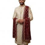 Maroon Velvet Embroidered Sherwani Dupatta with Golden Zari Work