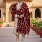 Maroon Velvet Embroidered Sherwani Dupatta with Golden Zari Work