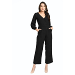 Women's Black V-Neck Jumpsuit | Full Sleeve Straight-Leg One-Piece with Side Pockets