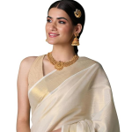 Women's Kerala Kasavu Golden Tissue Plain South Indian Saree with Running Blouse