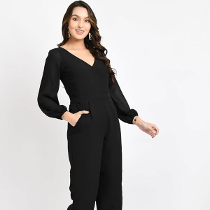 Women's Black V-Neck Jumpsuit | Full Sleeve Straight-Leg One-Piece with Side Pockets