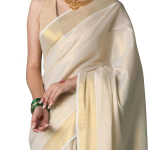 Women's Kerala Kasavu Golden Tissue Plain South Indian Saree with Running Blouse