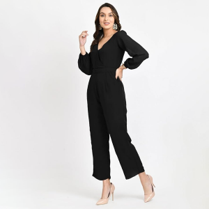 Women's Black V-Neck Jumpsuit | Full Sleeve Straight-Leg One-Piece with Side Pockets